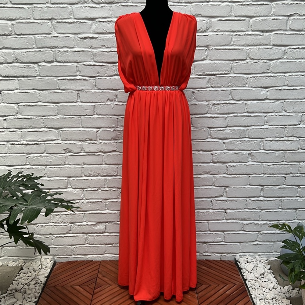 ASOS Bright Red Maxi Dress with Embellished Waist - Picture 2 of 16
